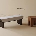 Modern Wooden Stool And Padded Bench With Light Seat Dark Legs Beige Background