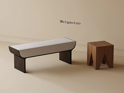 Modern Wooden Stool And Padded Bench With Light Seat Dark Legs Beige Background 3d model