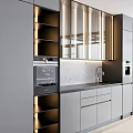 Modern Kitchen Interior With Marble Island Range Hood Built-in Ovens And Grey Cabinets