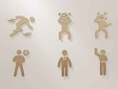 Six Wooden Human Form Wall Hangings With Various Poses Including Running Holding Head Raising Hand 3d model