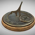 Brass Sundial With Roman Numeral Markings And Small Compass On Wooden Base