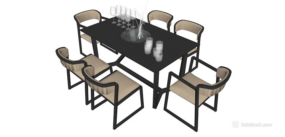 Modern Dining Table Set With Black Table Beige Seats Glassware And Vase 3d model