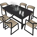 Modern Dining Table Set With Black Table Beige Seats Glassware And Vase 3d model