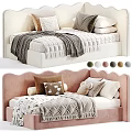 Cozy Kids Bed With Scalloped Headboard Tan Frame Soft Pillows Plush Blanket And Stuffed Toy