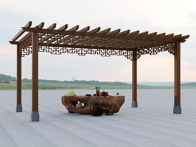 Traditional Wooden Landscape Pavilion With Openwork Carved Lattice Roof And Outdoor Stone Floor 3d model
