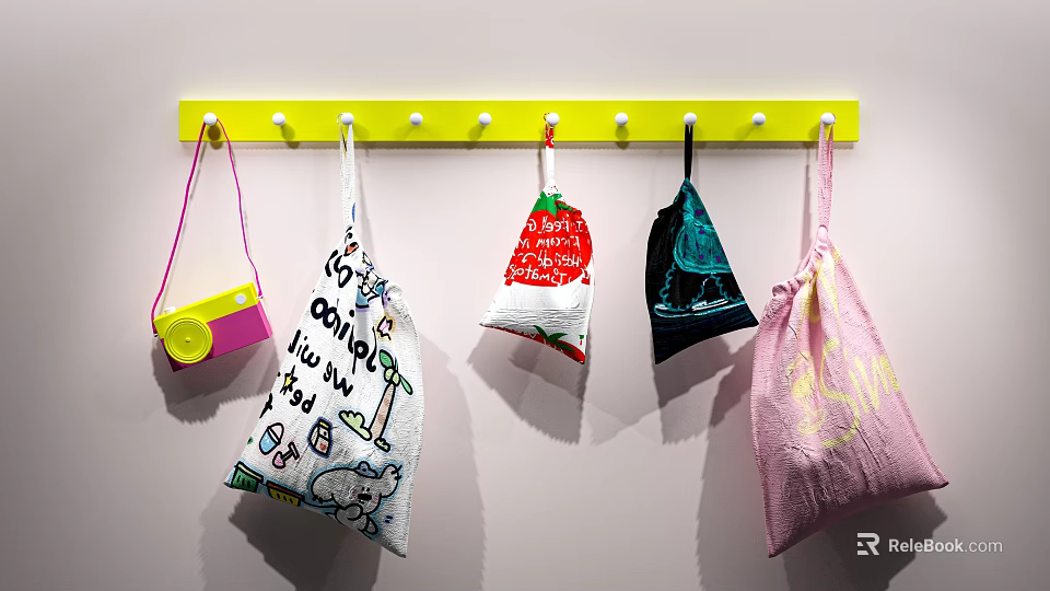 Decorative Ornament and Display Set with Yellow Hanging Rack and Various Designed Decorative Bags 3d model 