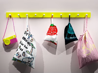 Decorative Ornament and Display Set with Yellow Hanging Rack and Various Designed Decorative Bags 3d model