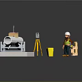 Construction Site Setup With White Pipe Tripod Yellow Bucket Worker And Wooden Planks