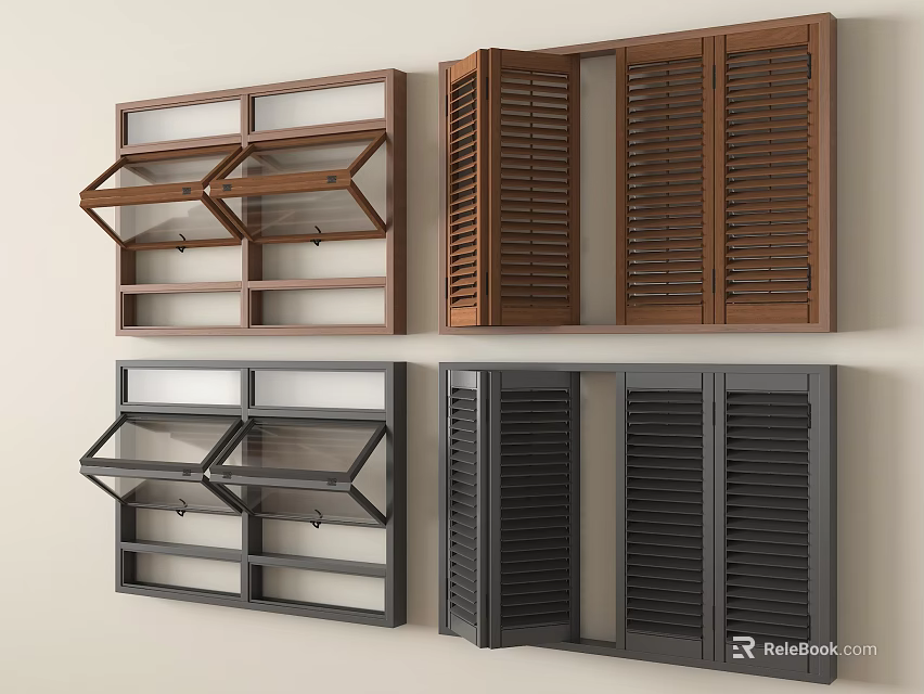 Wall Mounted Wooden Cabinet Designs With Shutter And Glass Doors In Brown And Black 3d model 