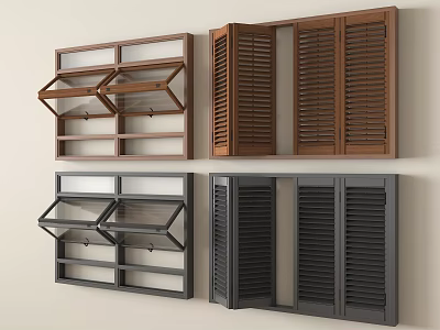 Wall Mounted Wooden Cabinet Designs With Shutter And Glass Doors In Brown And Black 3d model