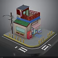 Small Street Shop Building With Green Roof Red Balcony Striped Awning Street Lamp And Bollards