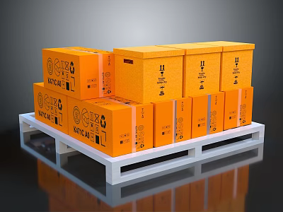 Orange Living Supplies Packaging Boxes Stacked With Recycling Symbols On White Pallet 3d model