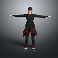 Man in Black Outfit Wearing Cap and Glasses with Arms Extended Red Accents on Pants and Red White Shoes