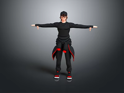 Man in Black Outfit Wearing Cap and Glasses with Arms Extended Red Accents on Pants and Red White Shoes 3d model