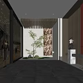 Modern Hotel Corridor With Red Wall Wooden Ceiling Glass Partitions Stone Floor And Green Plant