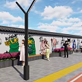 Outdoor Cartoon Graffiti Feature Wall With Bench Pink Flower Bushes Street Lamps And People