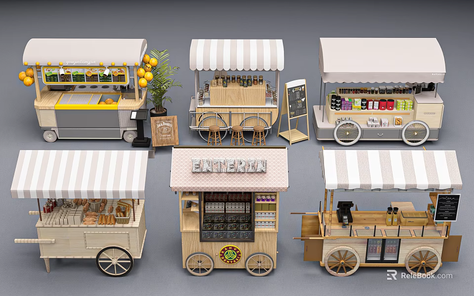 Multiple Mobile Food Carts With Striped Canopies Display Shelves And Wheels 3d model 