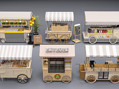 Multiple Mobile Food Carts With Striped Canopies Display Shelves And Wheels 3d model