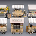 Multiple Mobile Food Carts With Striped Canopies Display Shelves And Wheels 3d model