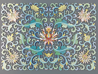 Traditional Intricate Carved Design With Floral Scroll Motifs And Vibrant Colors 3d model