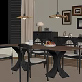 Elegant Dining Room Interior With Wooden Table Black Chairs Pendant Lights And Framed Art