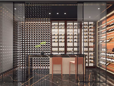 Luxury Wine Cellar Interior With Glass Doors Wooden Bar And Neatly Arranged Wine Racks 3d model