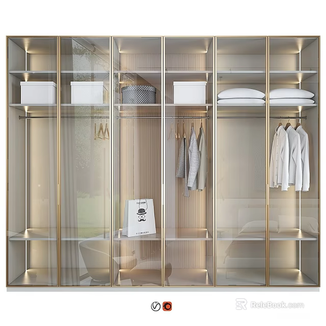 Modern Wardrobe Interior With Glass Doors Hanging Clothes And Storage Boxes 3d model 