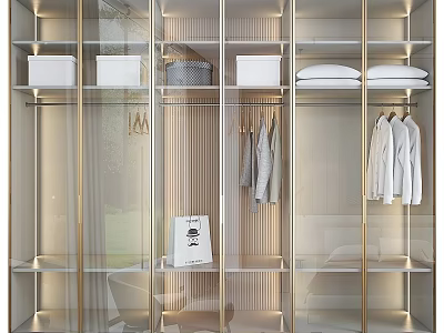 Modern Wardrobe Interior With Glass Doors Hanging Clothes And Storage Boxes 3d model
