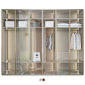 Modern Wardrobe Interior With Glass Doors Hanging Clothes And Storage Boxes