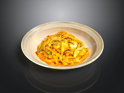 Tasty Yellow Noodles With Vegetables And Meat In Light Bowl On Dark Background 3d model