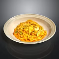 Tasty Yellow Noodles With Vegetables And Meat In Light Bowl On Dark Background