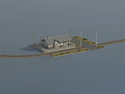 Small Train Station Platform With Railway Tracks Electric Poles And Signal Lights 3d model