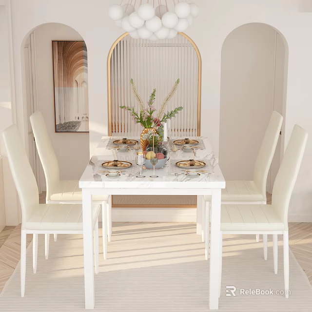 Bright White Dining Table Set With Tableware Floral Arrangement And Chairs 3d model