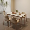 Modern Wooden Dining Table Set With Beige Chairs Tableware And Plant in Modern Interior