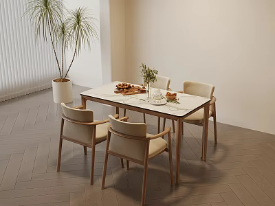 Modern Wooden Dining Table Set With Beige Chairs Tableware And Plant in Modern Interior 3d model