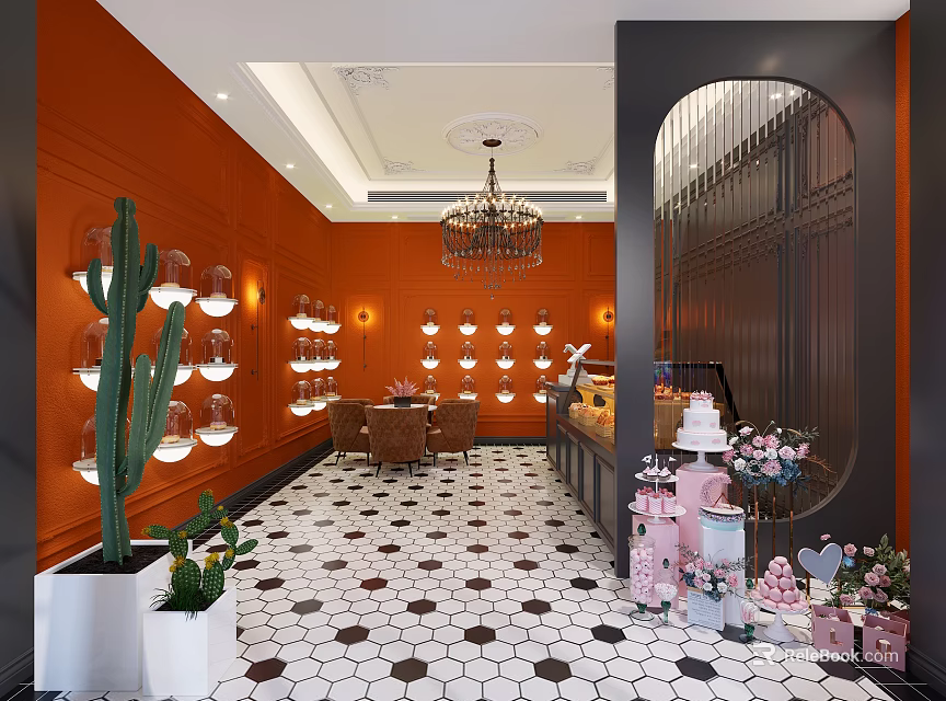 Modern Dessert Shop Interior With Orange Walls Chandelier Cactus Hexagonal Tiles Dessert Displays Pink Decor 3d model 