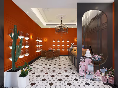 Modern Dessert Shop Interior With Orange Walls Chandelier Cactus Hexagonal Tiles Dessert Displays Pink Decor 3d model