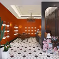 Modern Dessert Shop Interior With Orange Walls Chandelier Cactus Hexagonal Tiles Dessert Displays Pink Decor