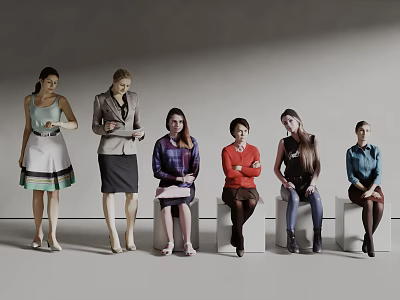 Women in Various Attires Standing and Sitting Against Gray Wall and White Floor 3d model