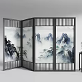 Chinese Folding Screen With Landscape Painting And Black Frame For Interior Decor
