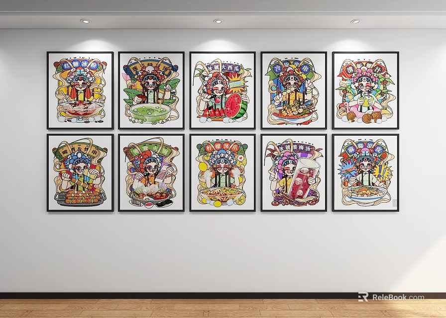 Multiple Vibrant Framed Abstract Paintings Artwork Displayed On White Wall Collection 3d model 