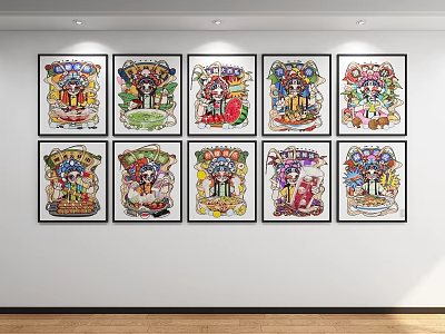 Multiple Vibrant Framed Abstract Paintings Artwork Displayed On White Wall Collection 3d model
