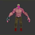 Muscular Shirtless 3D Character With Bald Head Cap Arm Tattoos Blue Jeans And Brown Boots
