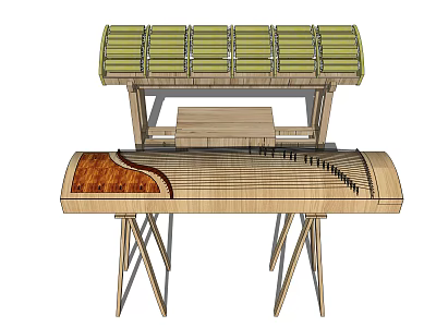 Traditional Wooden Musical Instrument Featuring Bamboo Roof And String Arrangement Design 3d model