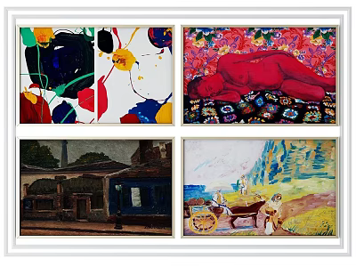 Storage Cabinet Adorned With Four Diverse Art Paintings Abstract Figure Architecture Rural Scenes 3d model