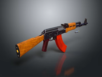 Classic Assault Rifle With Wooden Stock Red Magazine And Black Metal Components 3d model