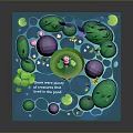 Cartoon Style 3D Architectural Model With Green Grass Purple Rocks And Lily Pads