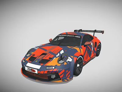 Porsche Race Car With Orange And Blue Camouflage Design And Rear Spoiler 3d model
