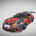 Porsche Race Car With Orange And Blue Camouflage Design And Rear Spoiler