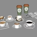 Ceramic and Paper Coffee Cups with Latte Art Saucers Milk Jug Open Book and Nuts